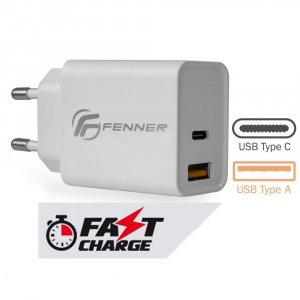 alimentatore fenner tech 20w universale usb-c   usb-a fast charge