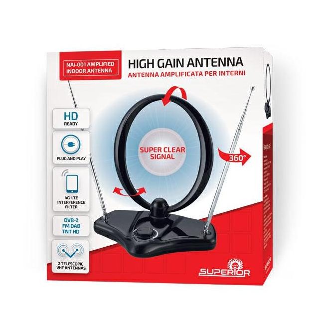 superior antenna tv amplificata per interni dvb-2 fm dab tnt hd