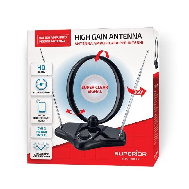 superior antenna tv amplificata per interni dvb-2 fm dab tnt hd