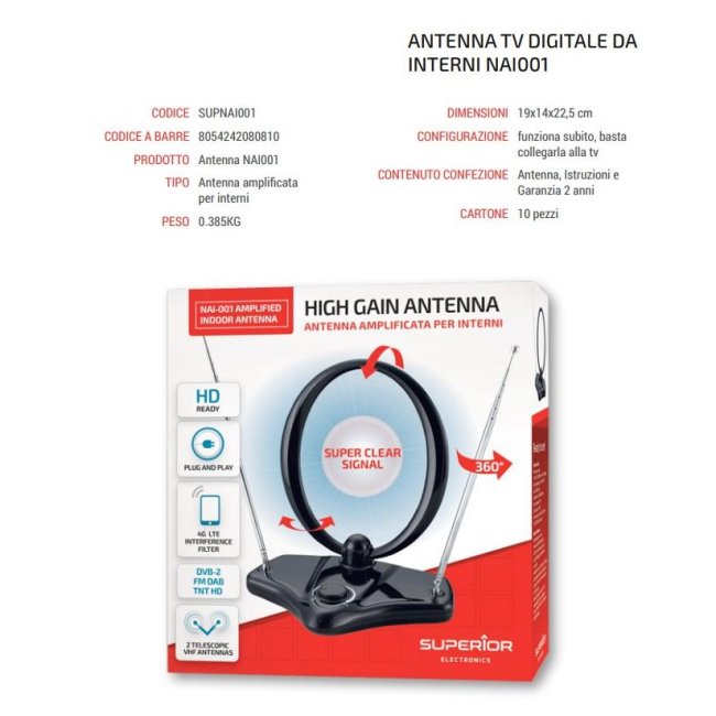 superior antenna tv amplificata per interni dvb-2 fm dab tnt hd